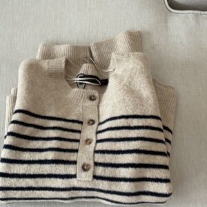 Zara Beige and Black Striped Crew Neck Sweater